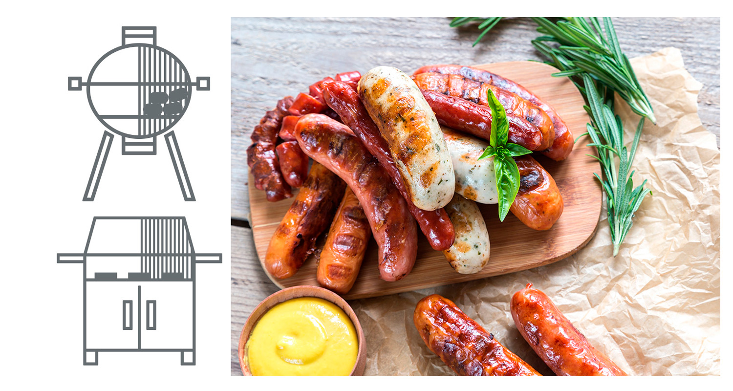 Kaksi harmaata grillikuvaketta ja leikkuulaudalla värikkäitä grillimakkaroita sinapilla ja yrteillä.