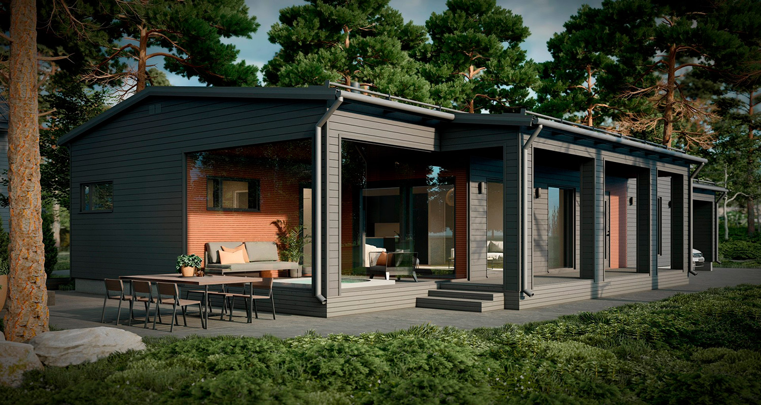 Tummanharmaa moderni puutalo mäntymetsän keskellä, lasiveranta ja terassikalusteet.