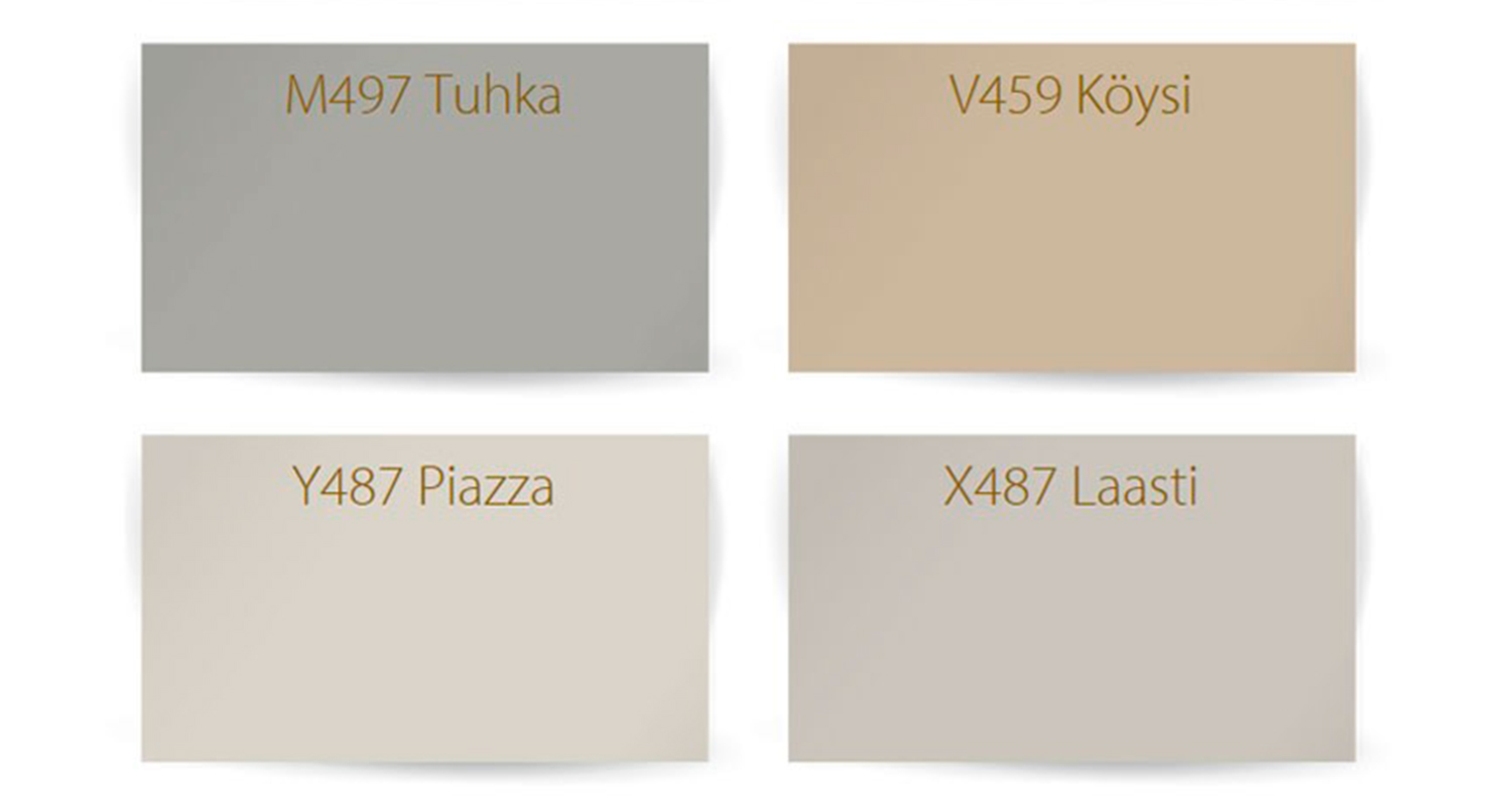 Neljä maalinäytettä: tuhkanharmaa (M497), köysinbeige (V459), kerma (Y487) ja laasti (X487).