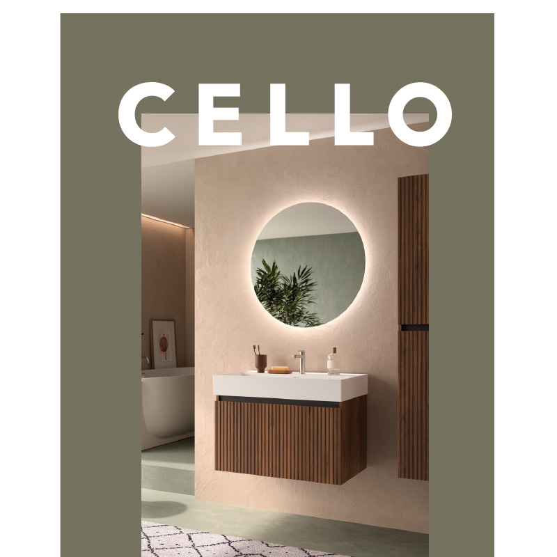 Moderni kylpyhuone beige-vaaleanvihreillä seinillä, puinen allaskaappi ja pyöreä LED-peili.