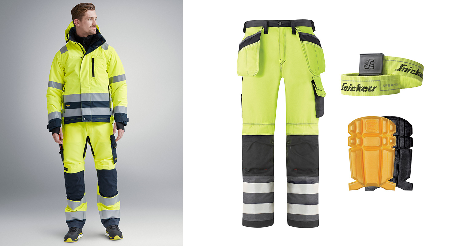 Työmies Snickersin huomiovaatteet päällä, tuotteet myynnissä K-Raudassa