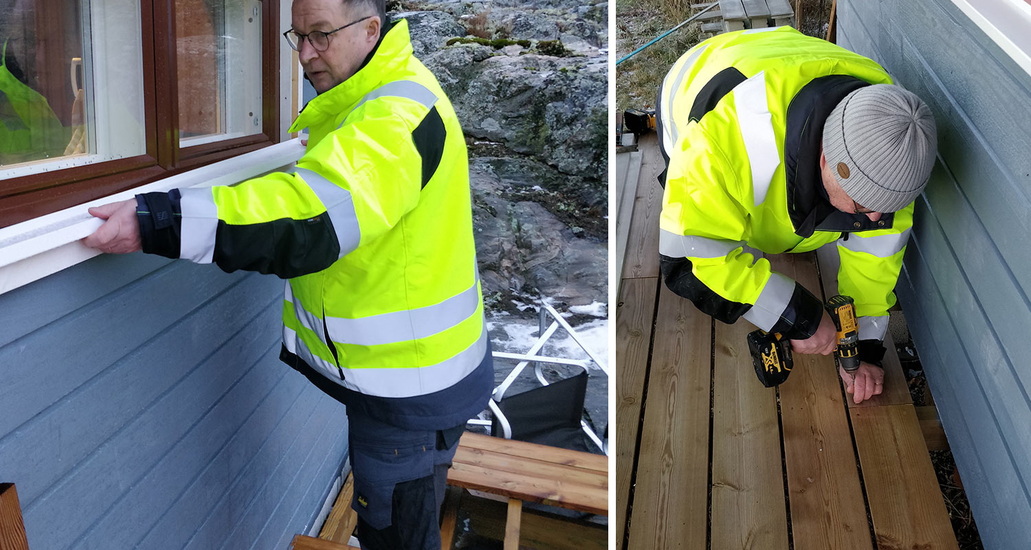 Snickers huomiotalvitakki ulkotöissä miehen päällä, takki myynnissä K-Raudassa