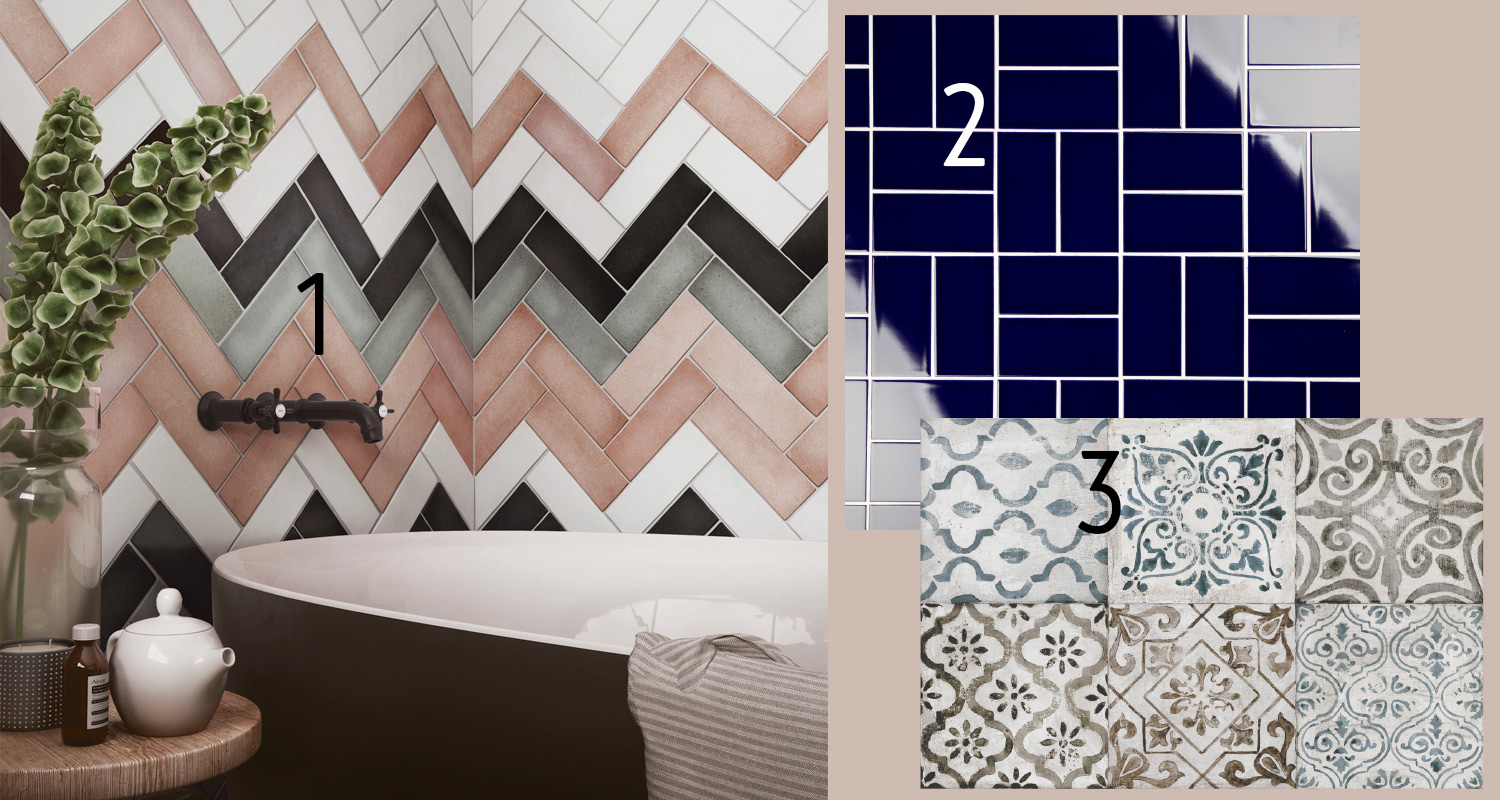 Kylpyamme pastellisiksak-laatoilla, vieressä siniset ja kuviolliset laattanäytteet