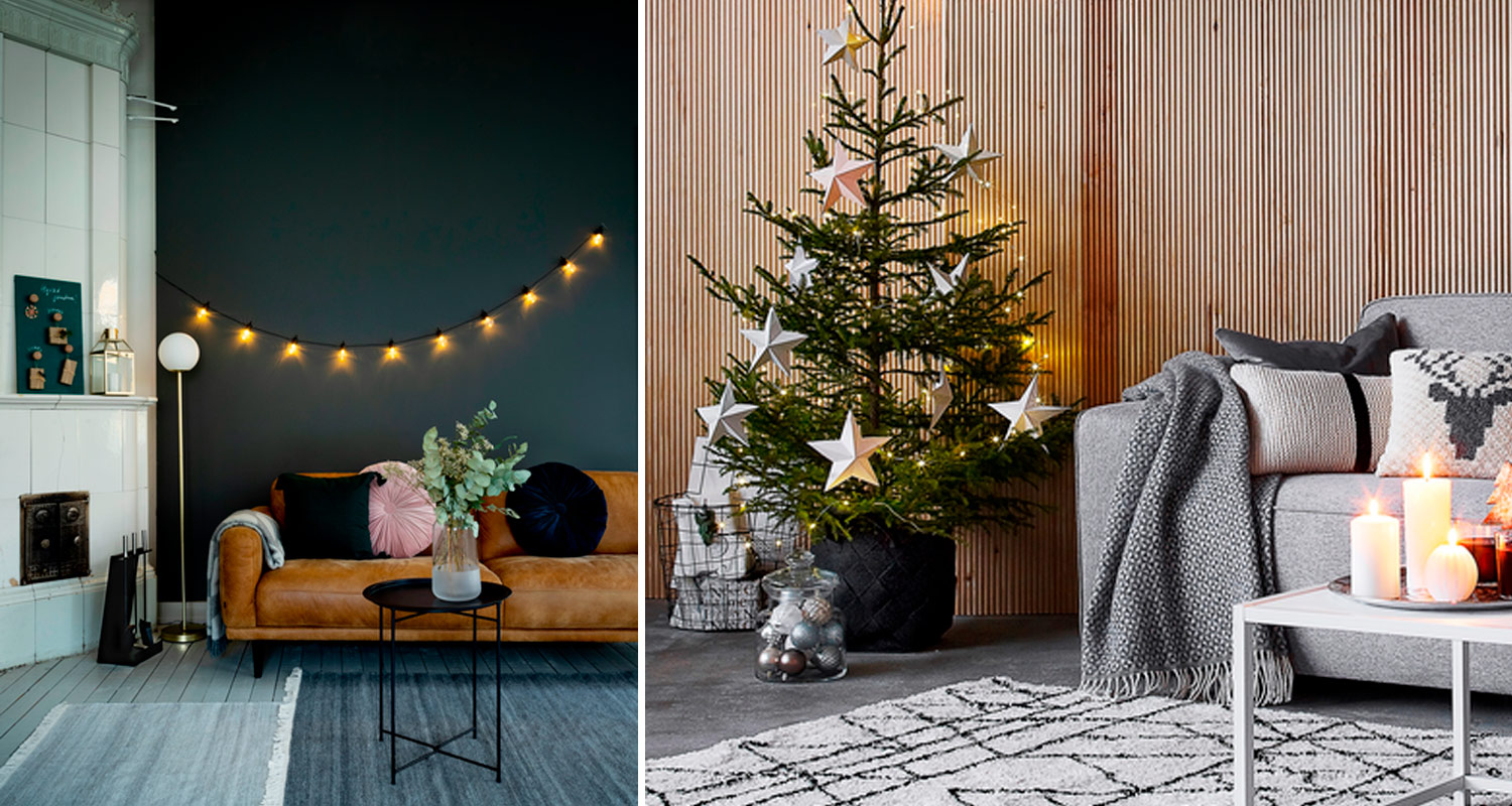 Jouluinen olohuone: kynttilöitä, kuusi tähtikoristein, valoköynnös, ruskea ja harmaa sohva