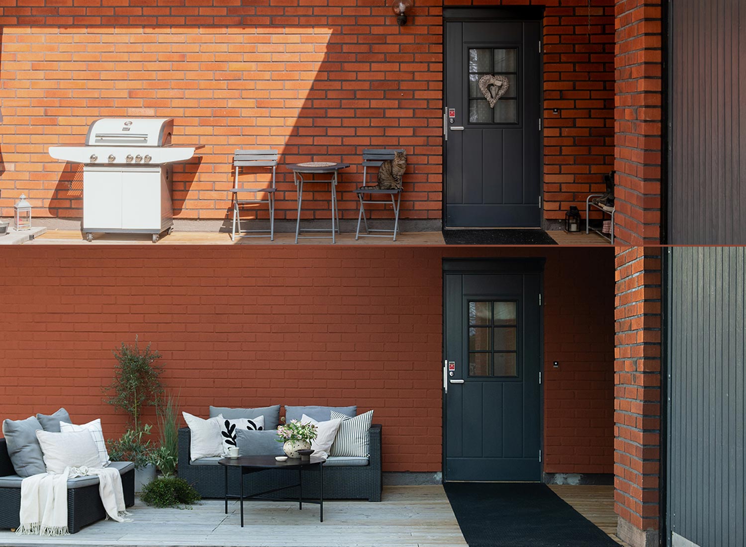 Punatiilitalon julkisivu ennen maalaamista ja alemmassa kuvassa maalaamisen jälkeen. Maalauksessa käytettiin Tikkurilan Kivitex Brick House Paint -tiilitalomaalia, jota myy K-Rauta.