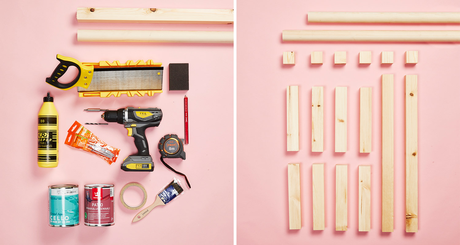 Vaaleanpunaisella taustalla DIY-työpaketti: puutavaraa, saha, porakone, maali ja liima.