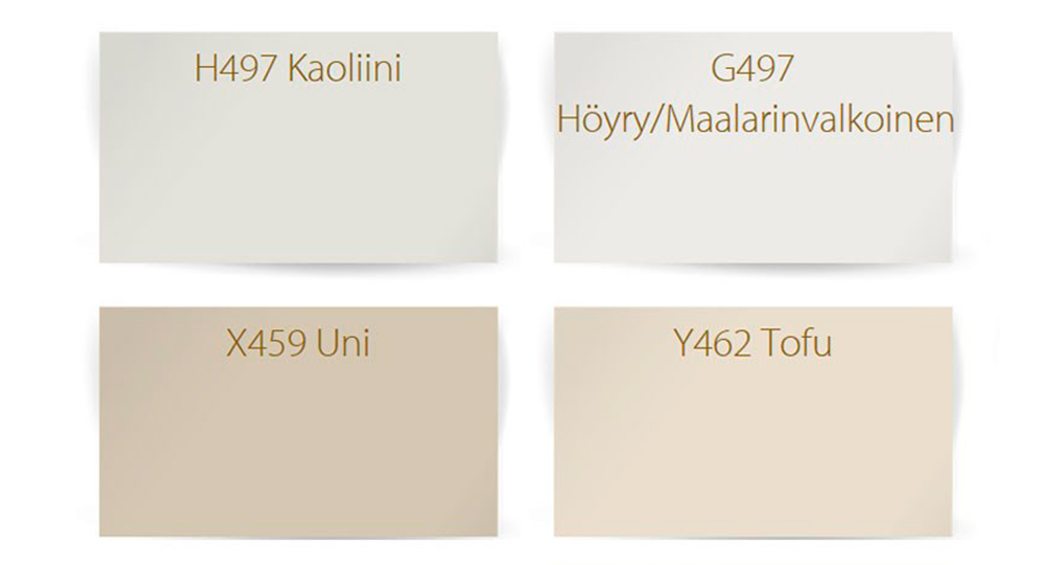 4 maaliruudut: H497 Kaoliini, G497 Höyry/Maalarinvalk., X459 Uni ja Y462 Tofu – vaaleat neutraalit sävyt