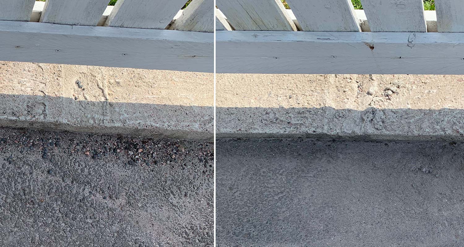 Piha ennen ja jälkeen Ryobin lakaisukoneen käyttämistä