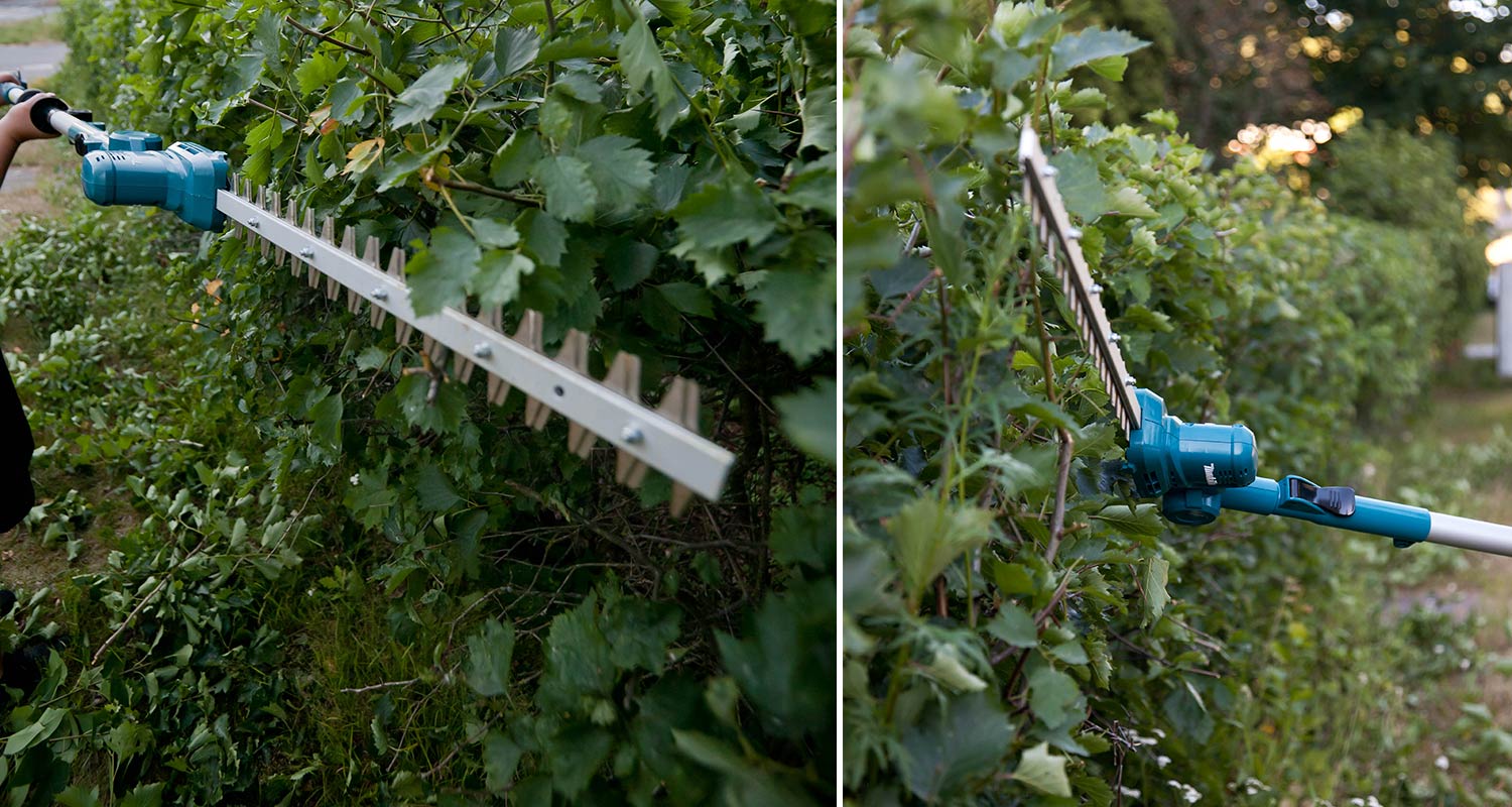 Makitan pensasleikkuri DUN461WZ 18V LXT -mallilla pensasaitojen leikkaus menossa, tuote on myynnissä K-Raudassa