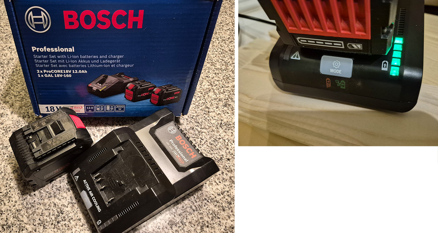 Kuvassa akku- ja laturipaketti Bosch 18V 2x12,0Ah ProCore GAL 18V-160, jota myy K-Rauta.