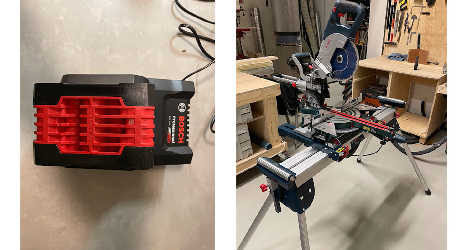 Akku pikalaturissa sekä akkukatkaisu- ja jiirisaha Bosch GCM 18V-216 DC Solo kasattuna Jiirisahajalusta Bosch GTA 2500 Compactin kera, tuotteet myynnissä K-Raudassa