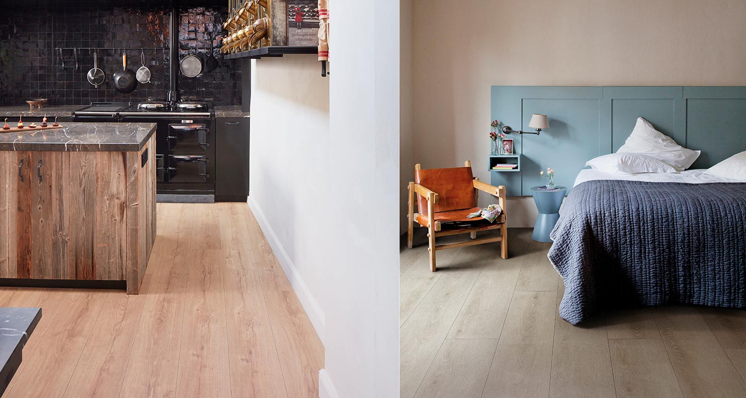 Kuvan keittiön lattiassa korkeapainelattia Berry Alloc Rodeo Drive ja makuuhuoneen lattiassa Berry Alloc Champs Elysees, molemmat K-Raudan valikoimista.