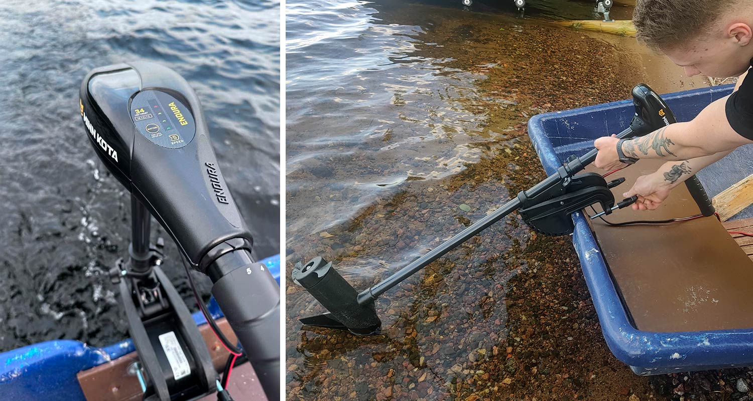 Sähköperämoottori Minn Kota Endura 34 CS2 veneessä ja asennus käynnissä