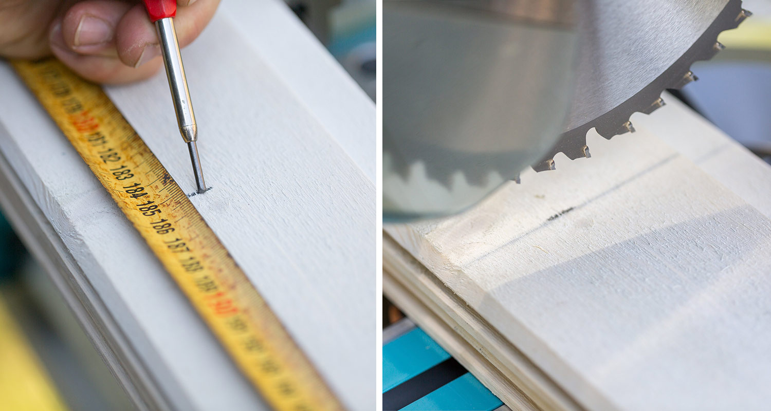 Ammattilaisen tuotetestissä Makitan akkujiirisaha LS002GZ01 XGT ja tässä testaaja merkkaa sahattavaa kohtaa lautaan