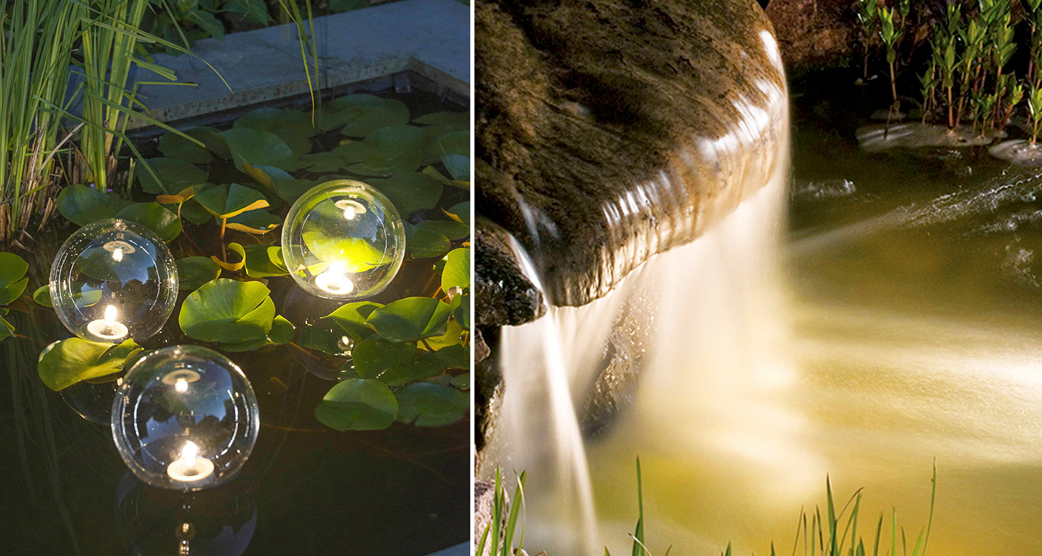 Kolme lasikuplissa leijuvaa kynttilää lumpeiden joukossa, kultainen vesiputous taustalla.