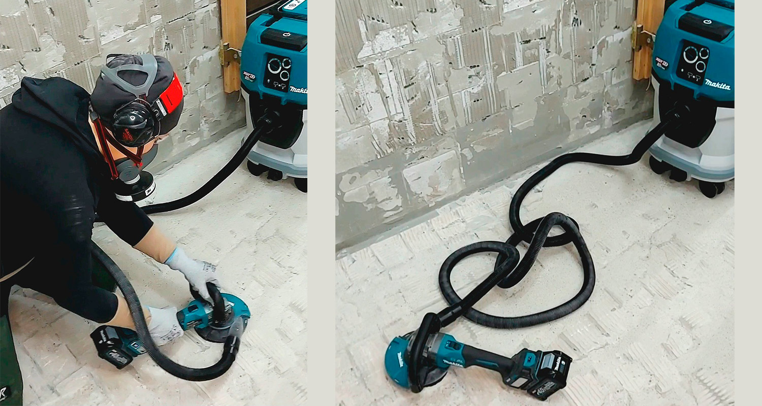 Testissä ammattilaisella lattian hionnassa Makitan akkukäyttöinen betonihiomakone GA023GM204 40V XGT 2x4,0Ah. Kuvassa myös akkumärkä-kuivaimuri Makita VC006GMZ01 40V XGT. Tuotteita myy K-Rauta