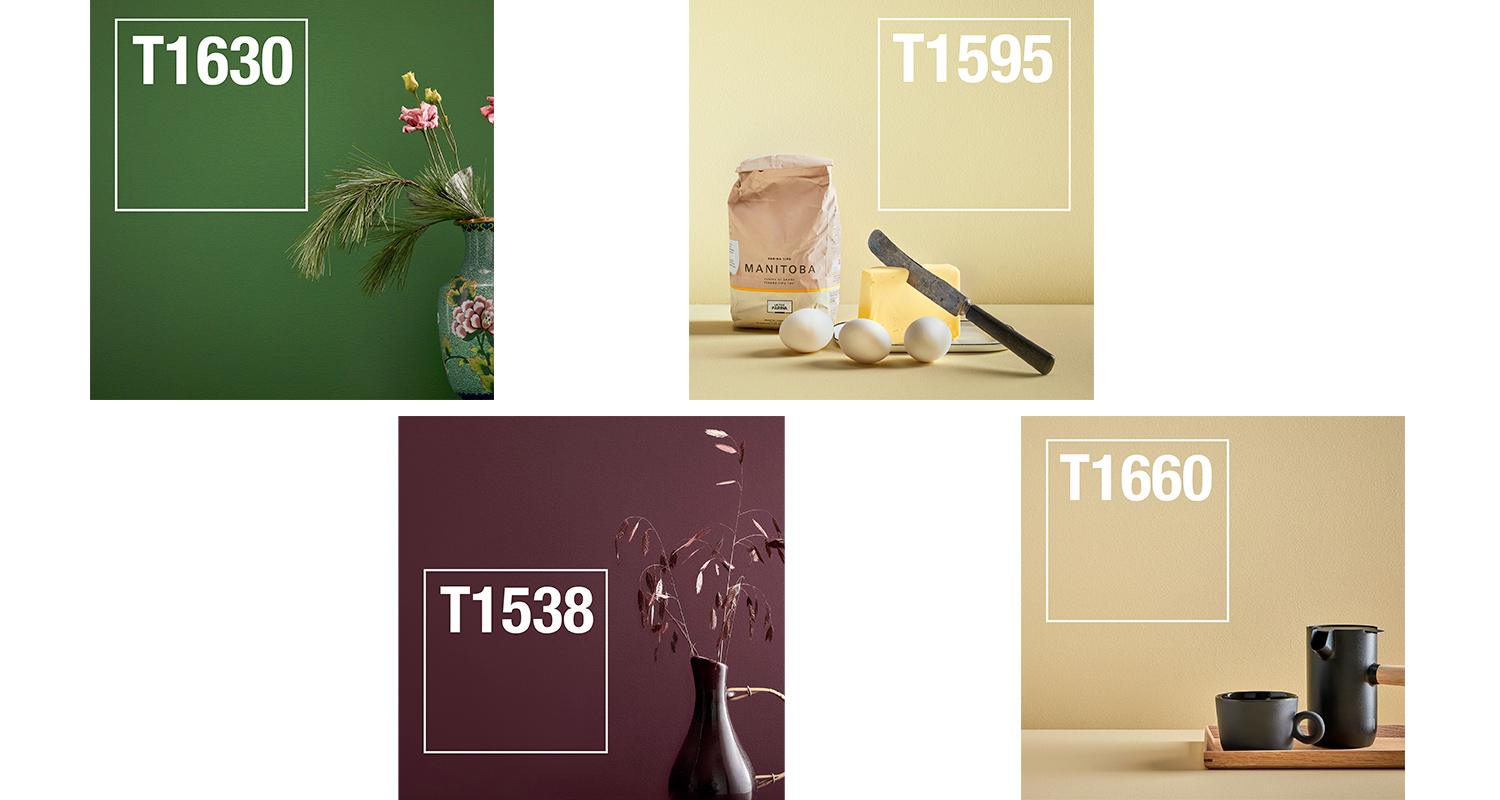 Trendivärien yhdistelmät, joissa neljä eri väriä, kaksi tummaa ja kaksi vaaleaa Cellon sisämaalisävykartasta K-Raudasta