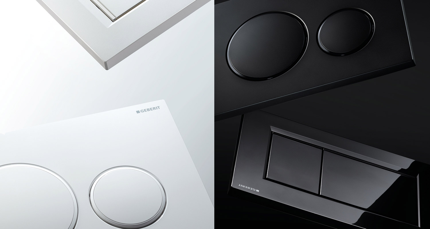 Kelluvat valkoiset ja mustat Geberit-painikkeet: ympyrä- ja suorakaideversiot