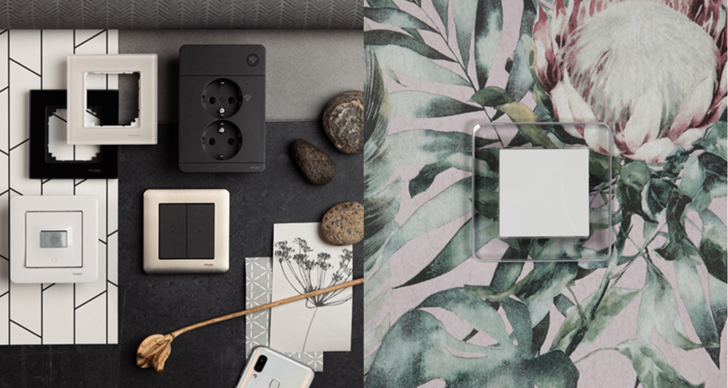 Vasemmalla harmaa ja valk. kytkinpintoja kivikoristein, oikealla valkoinen kytkin kukkatapetilla