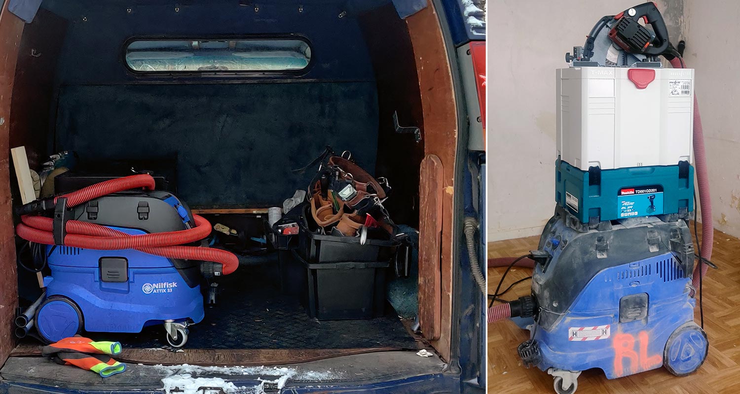 Nilfis märkä-kuivaimuri Attix 33-2H IC matkalla työmaalle ja työmaalla, tuote myynnissä K-Raudassa