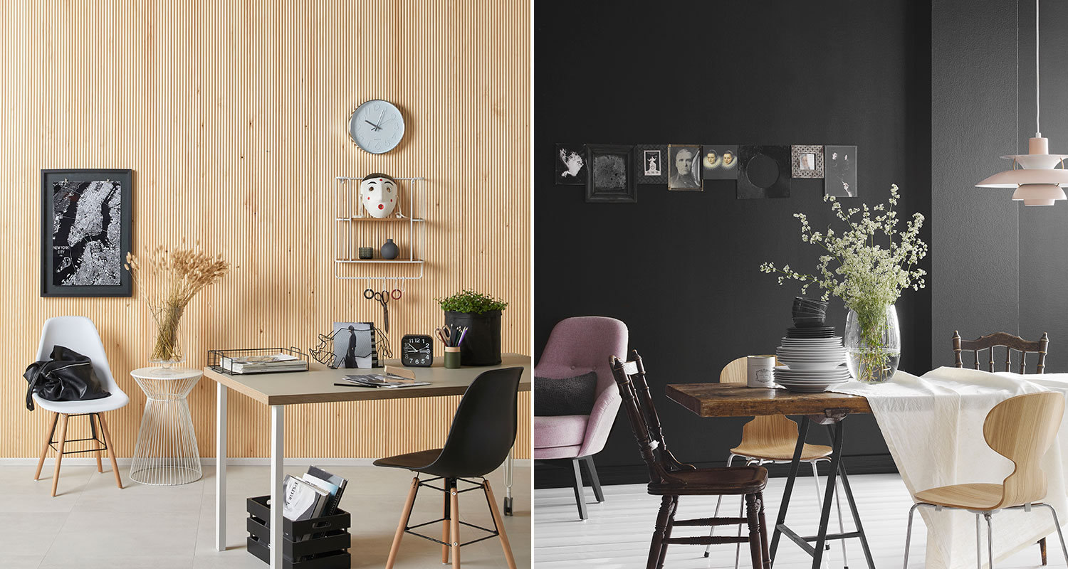 sormipaneloitu seinä ja mustaksi maalattu keittiön seinä