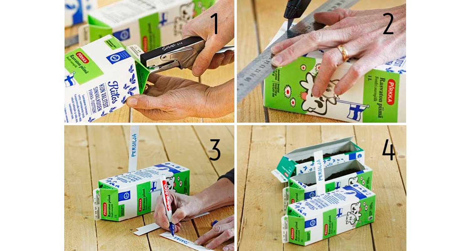 Neljä vihreä-valkoista Pirkka-maitorasiaa leikataan, teipataan ja merkitään yrttiruukuiksi.