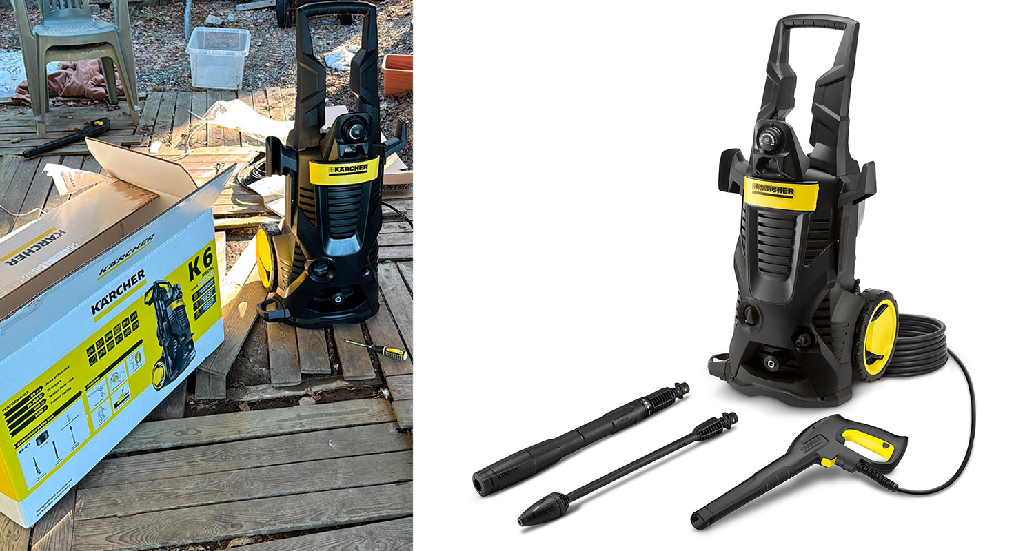 Painepesuri Kärcher K6 Special paketista ulos otettuna ja tarvikkeiden kera. Tuotetta myy K-Rauta.
