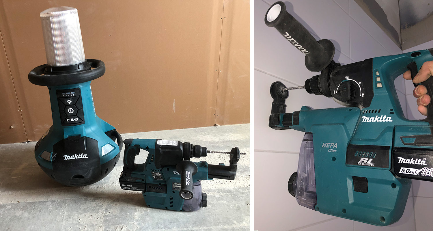 Makitan työmaavalaisin ja akkuporavasara testissä, noudettu K-Raudasta 