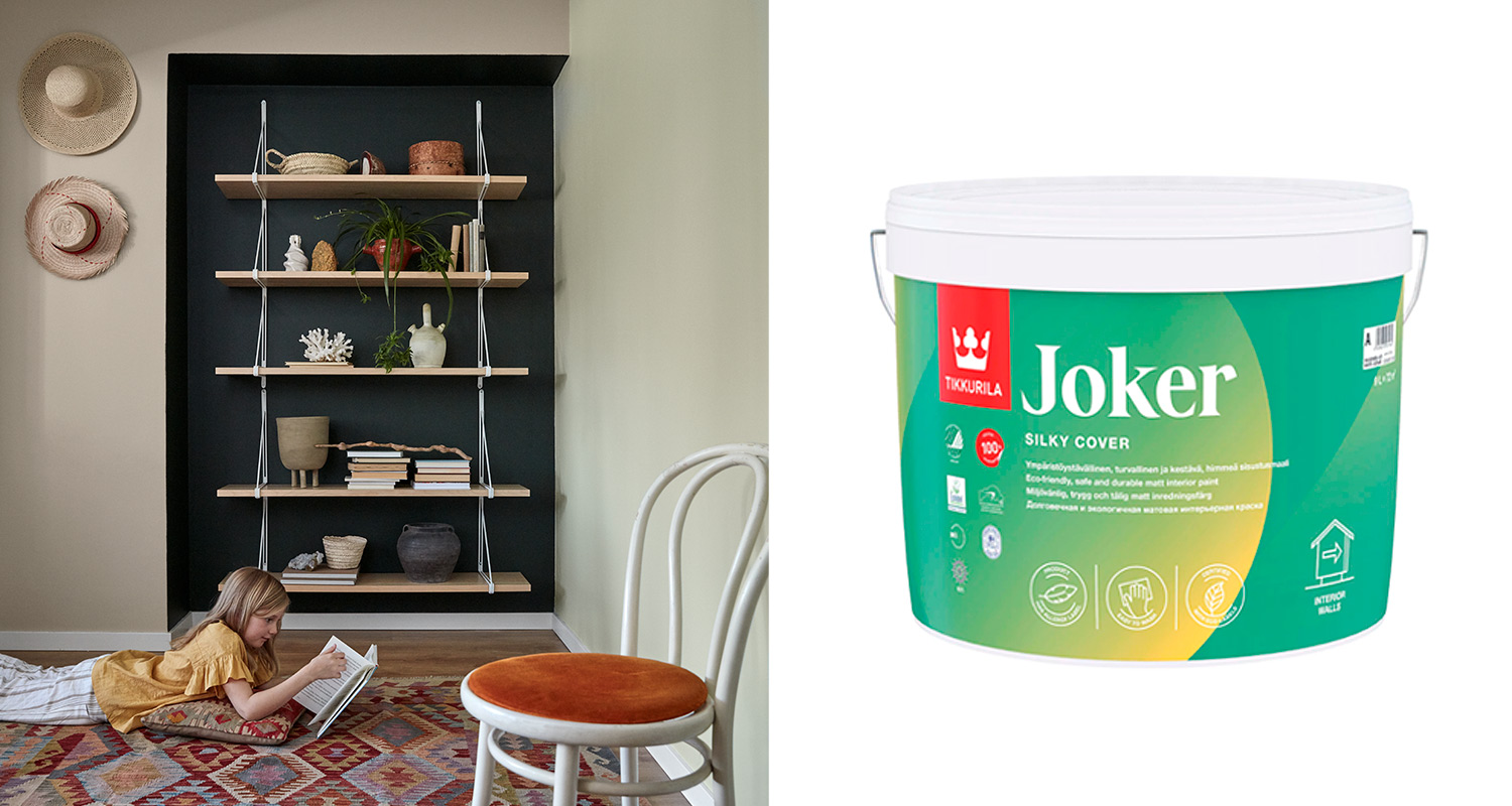 Joker-sisämaali Tikkurilalta ja maalattu seinä