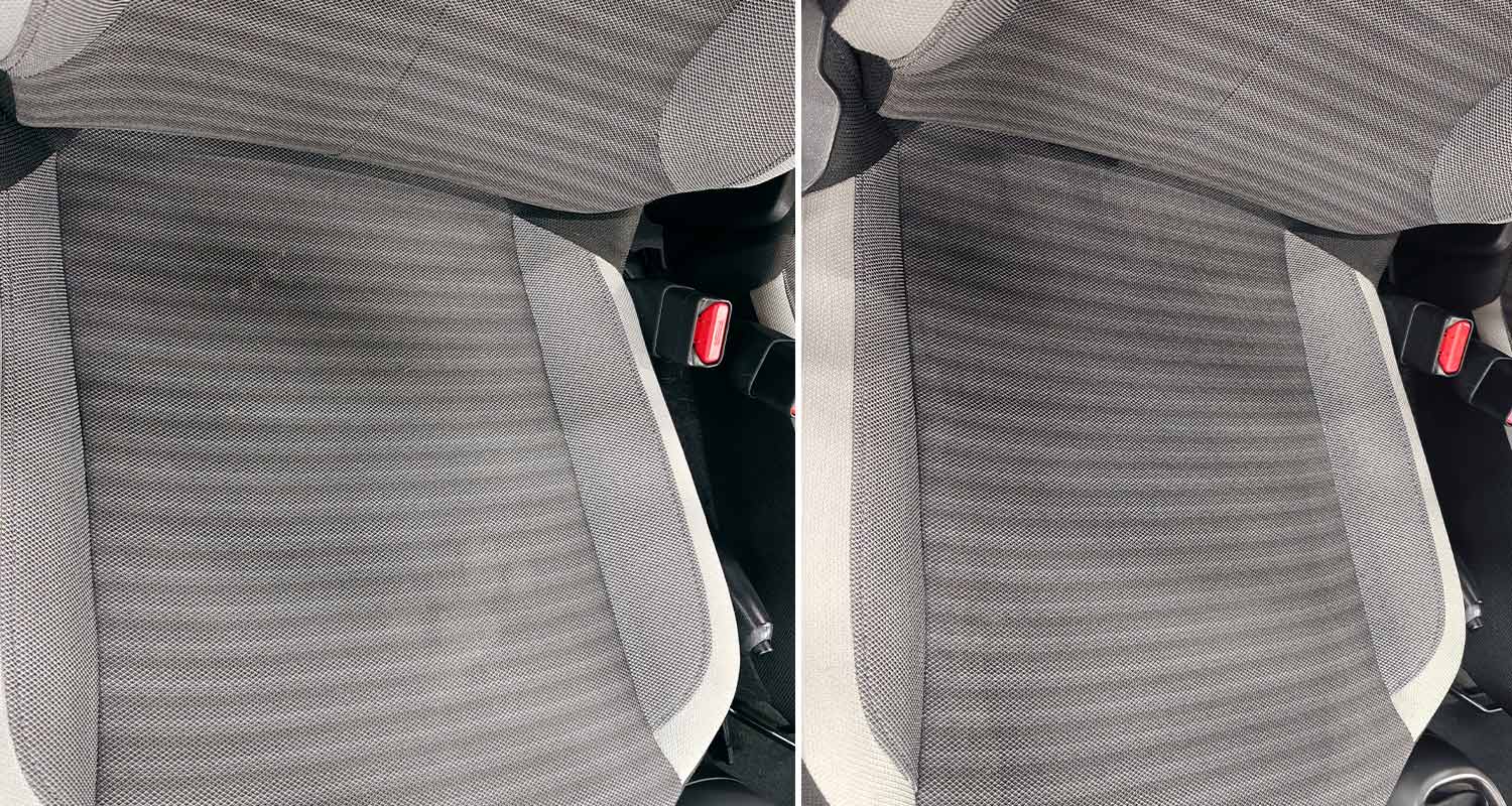 Auton penkki ennen pesua kuvassa vasemmalla ja pesun jälkeen kuvassa oikealla. Pesu tehtiin Ryobin DC18BL-0 18V ONE+ -tekstiilipesurilla, jota myy K-Rauta.