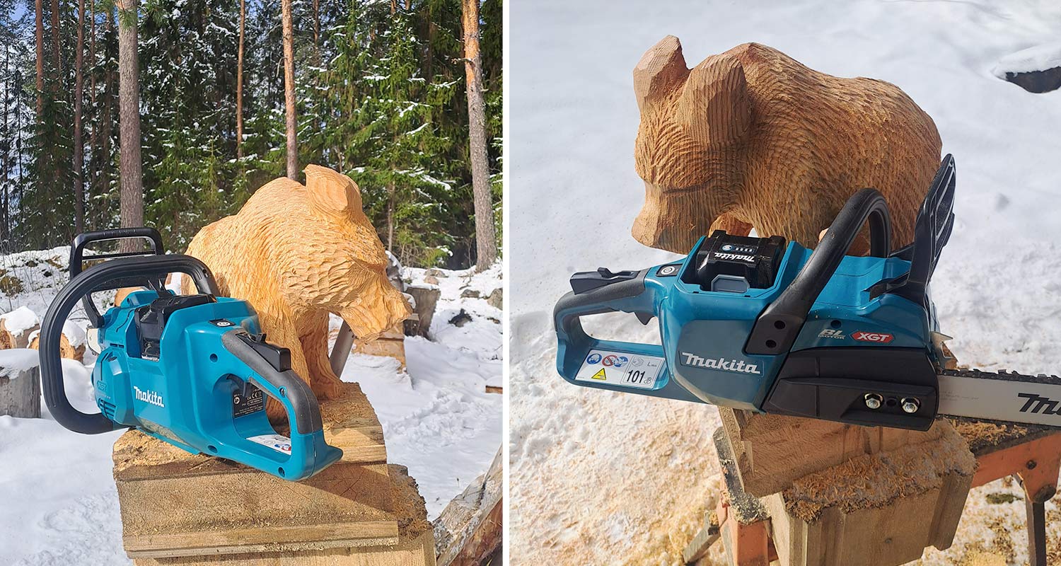 Juha Käkelän moottorisahataidetta ja Makitan akkuketjusaha. Makitan akkuketjusahat löydät K-Raudasta.