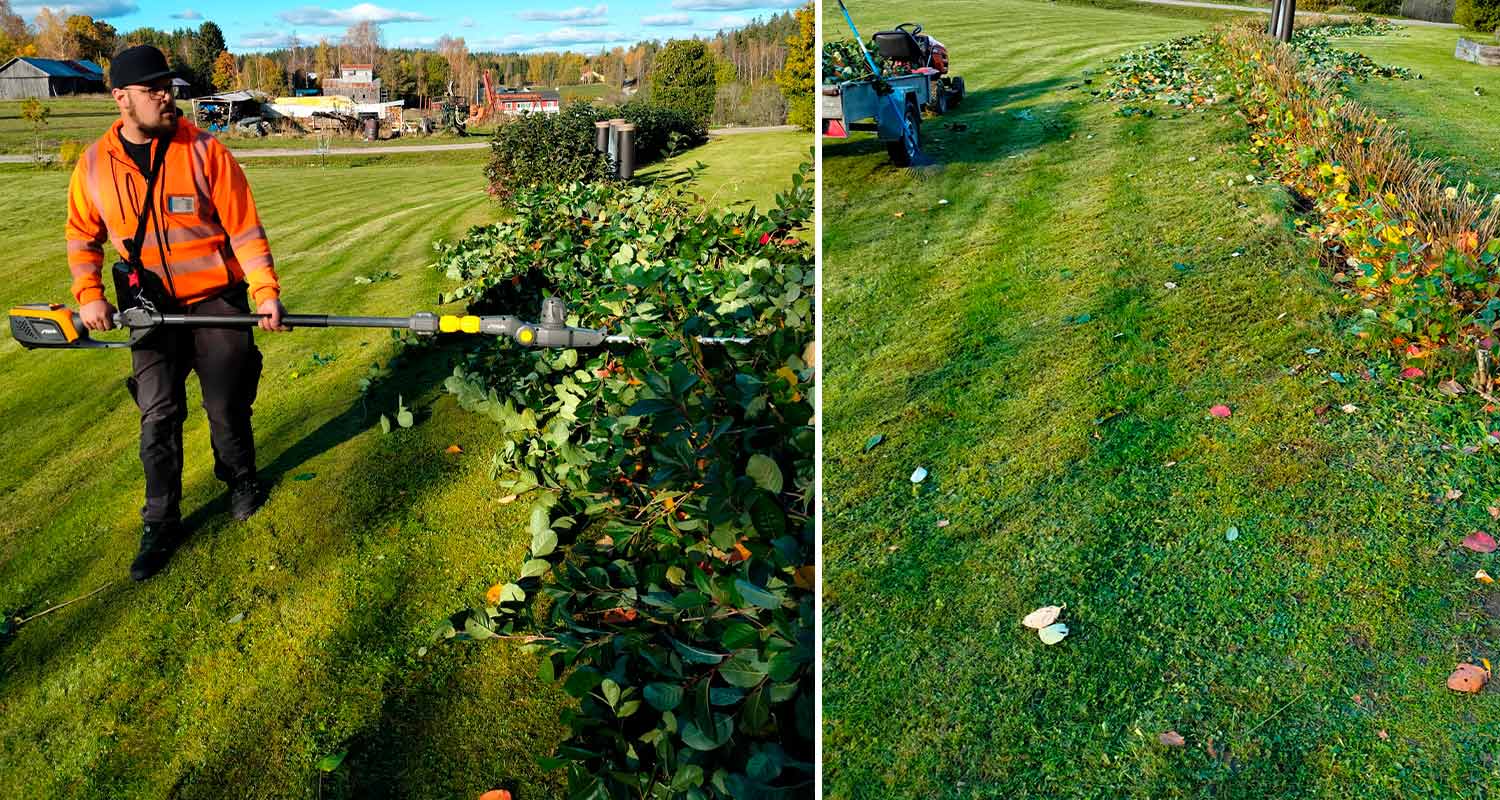 Pensaiden leikkaus käynnissä akkumonitoimityökalu Stiga MT 500E Kit -työvälineellä