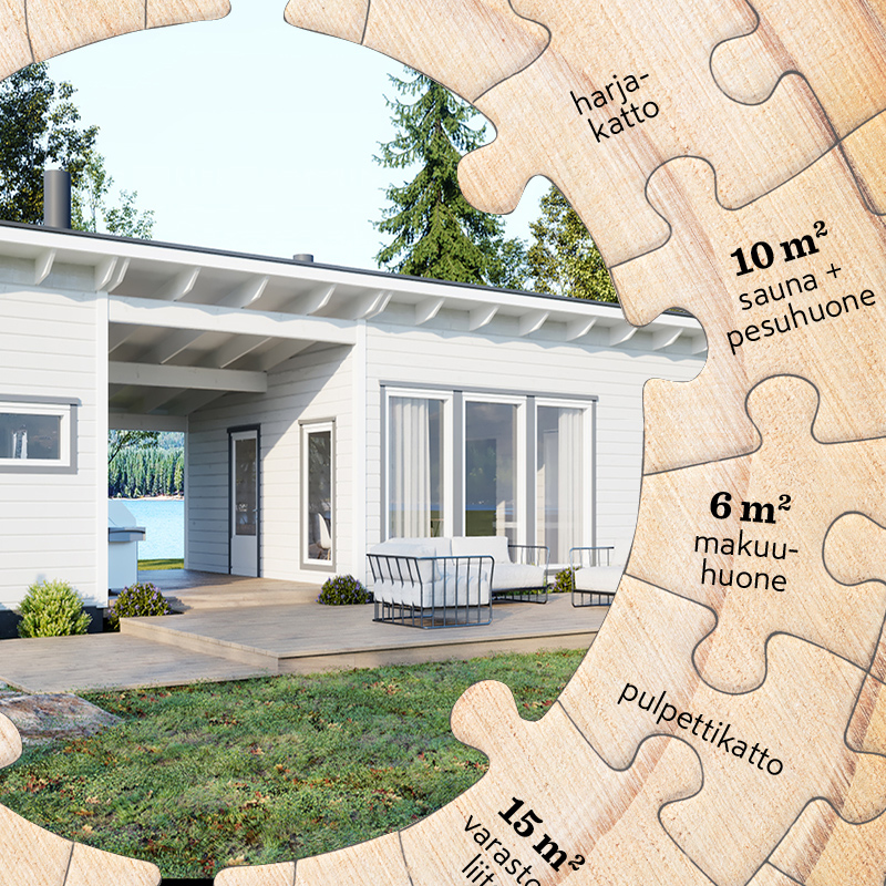 Valkoinen mökki terassilla järven rannalla, puisessa palapelikehyksessä huonetilojen merkintöjä.