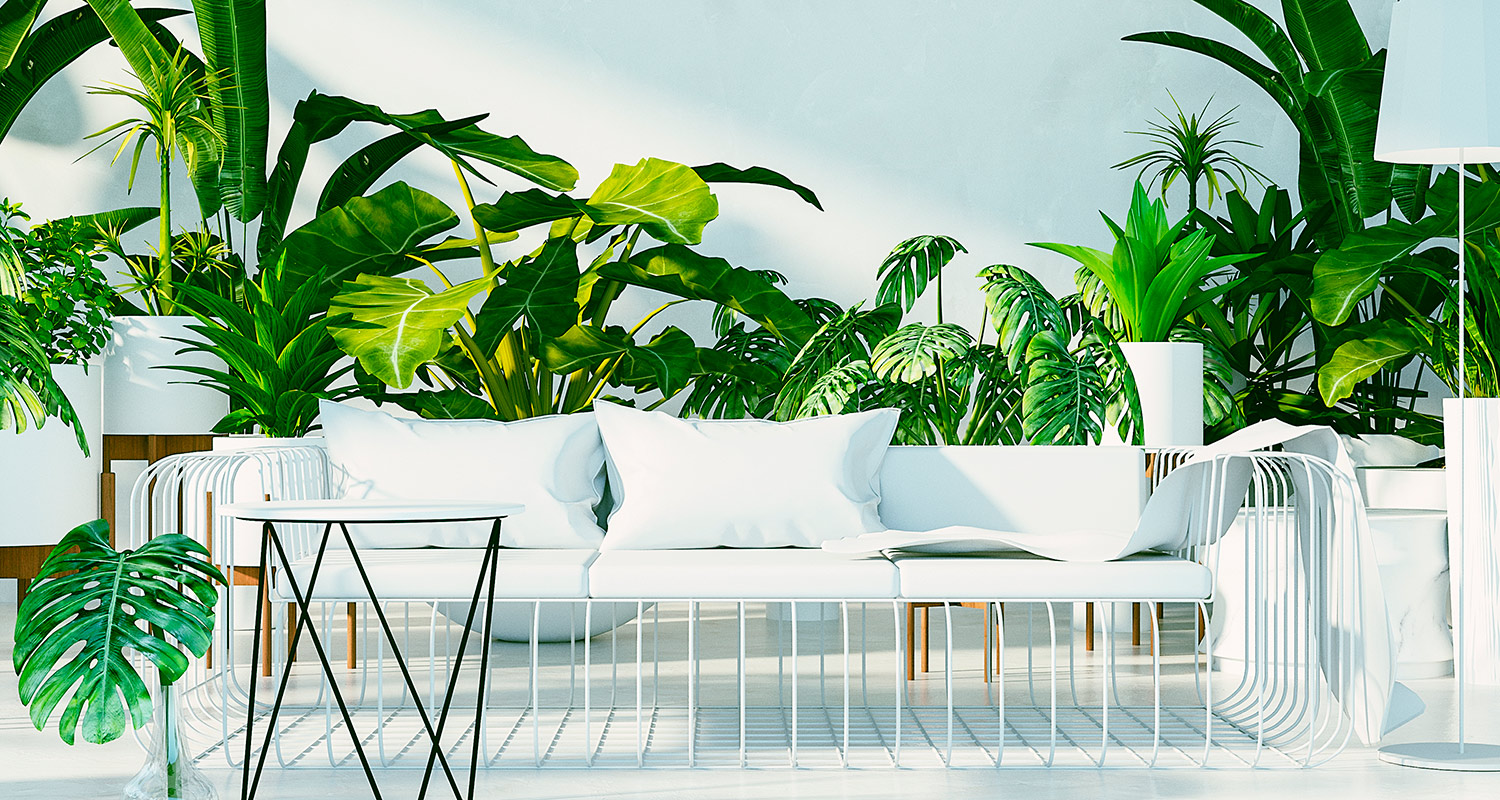 Valkoinen metallisohva tyynyineen, pieni pöytä ja lattiavalaisin rehevien viherkasvien keskellä