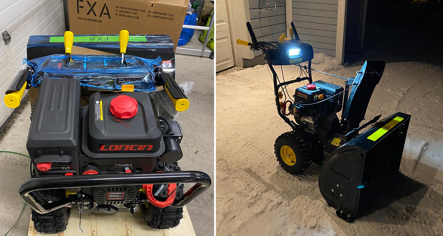 FXA-lumilinko 71 cm paketista ulos otettuna ja valmiiksi koottuna pihalla