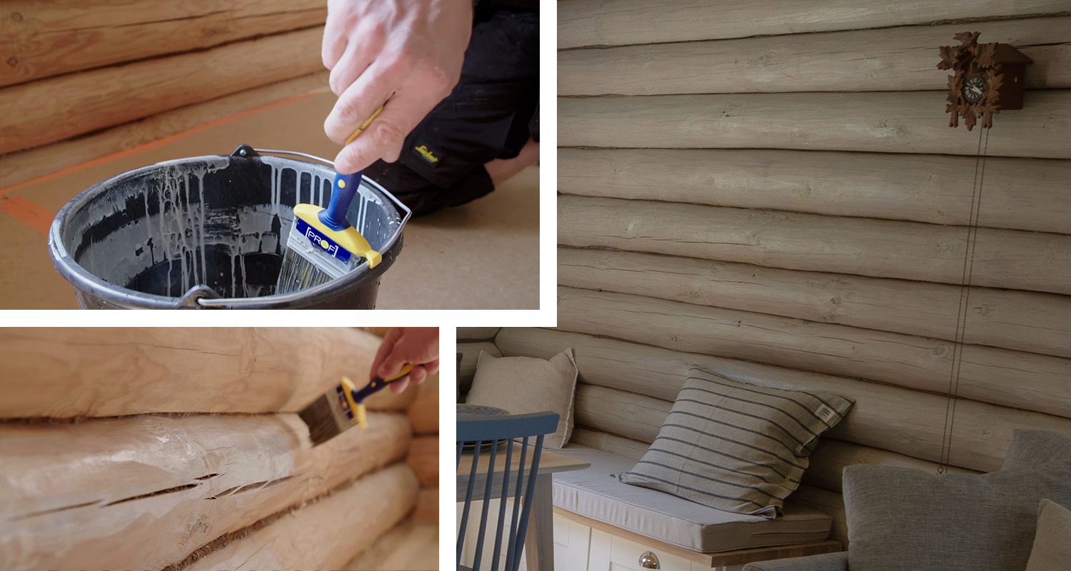 Profi-sivellin dipattu valkoiseen primeriin ämpärissä ja maalaa vaaleaa hirsiseinää sisätilassa.