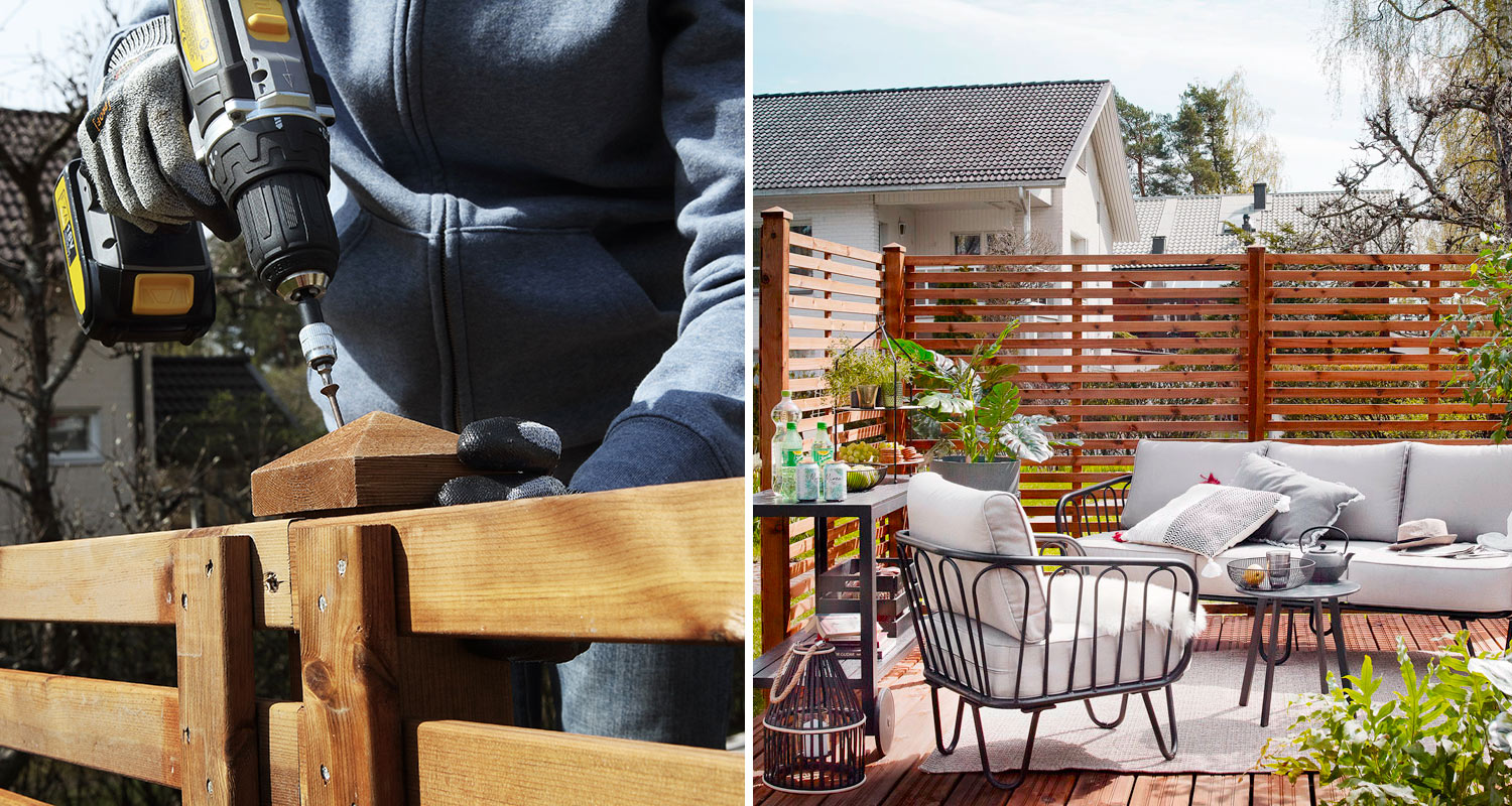 Vasemmalla käsineellä porataan puureunaa, oikealla terassilla harmaa sohva ja puuaita.
