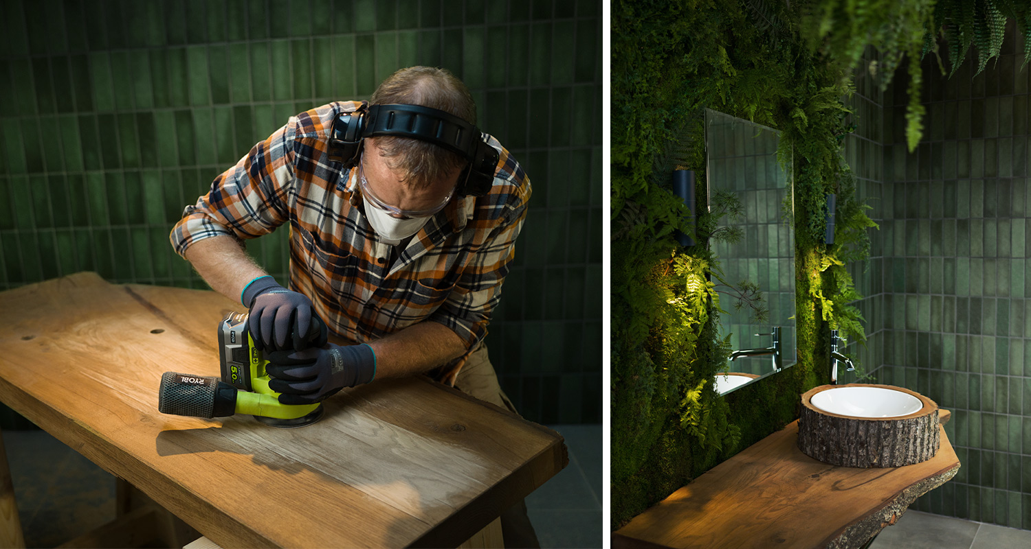 Mies hioo puista pesupöytää. Kuvassa valmis pesupöytä ja puinen kehikko lavuaarille.