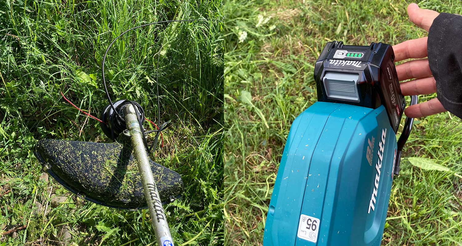 Lähikuvassa raivaussaha Makita UR013GZ05 40V XGT sekä sahassa kiinni oleva akku Makita BL4040F 40V XGT 4,0Ah High Power. Tuotteet K-Raudasta.