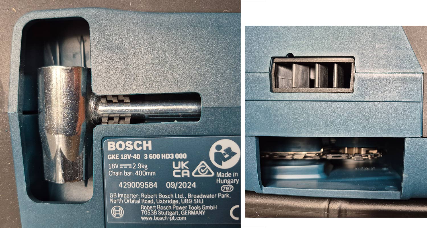 Lähikuva akkuketjusaha Bosch GKE 18V-40 Solon yksityiskohdista