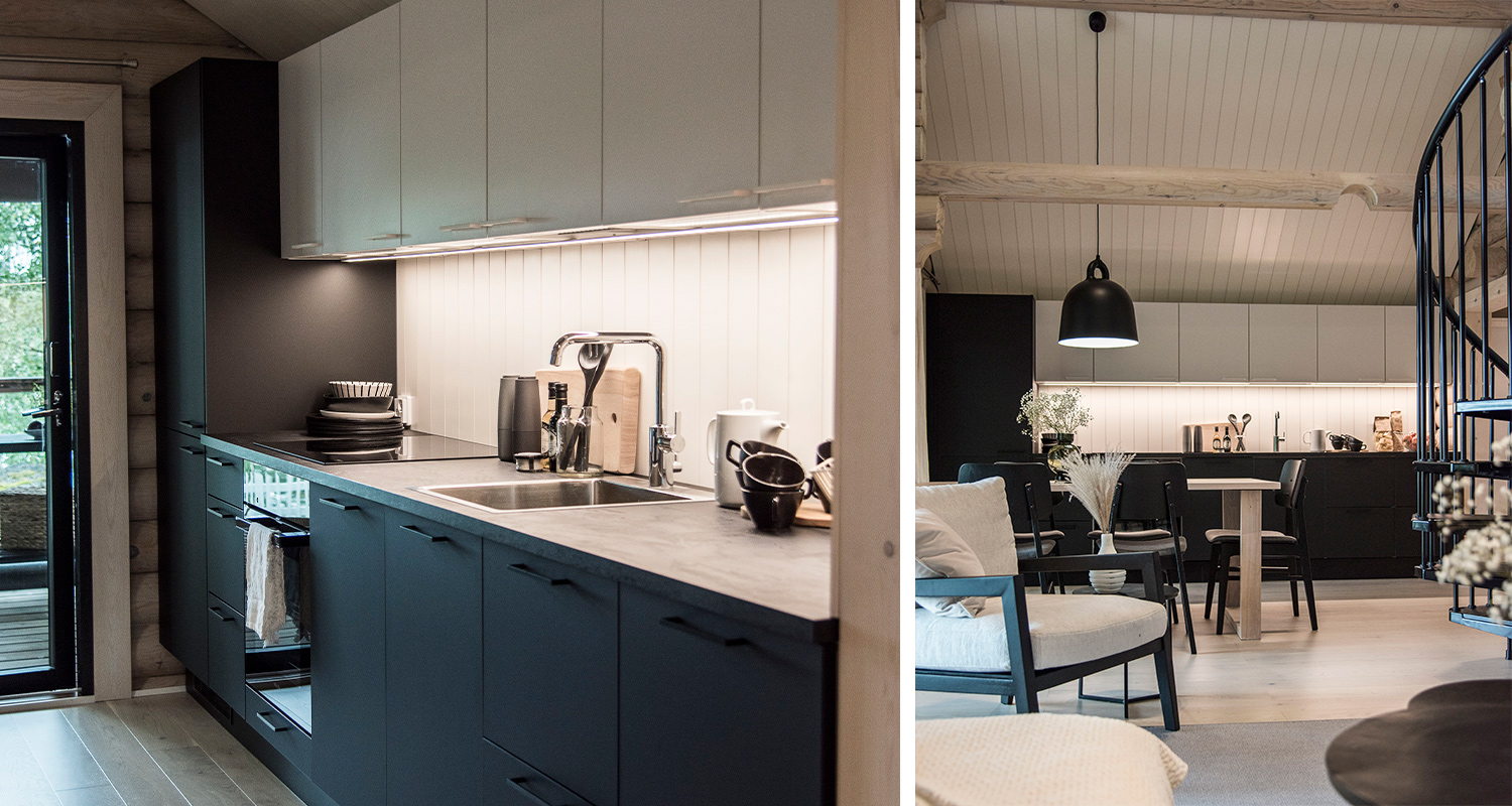 Huvila & Huussi -ohjelmassa remontoitu keittiö. Kuvan keittiö on Cello-keittiö Nummi ja Pyynikki, jossa musta nanolaminaattiovi Nummi, yläkaappien valkoinen ovi on Pyynikki, laminaattitaso on musta laavakivi ja vetimet ovat V0076 ja V0078.
