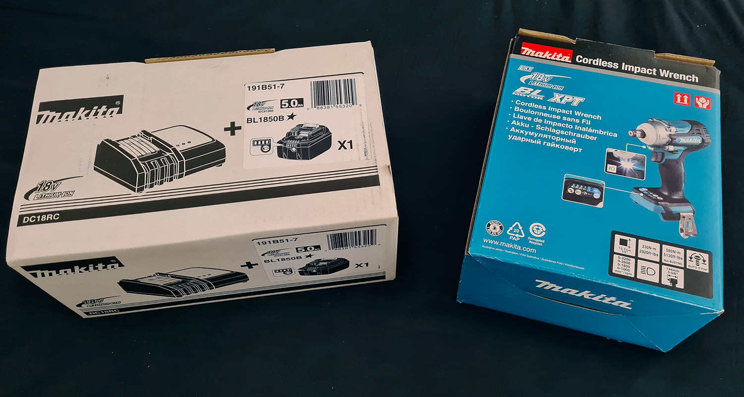 Makitan DTW300Z 18V -mallin mutterivääntimen sekä akun ja laturin mallia LXT 18V BL1850B JA DC18RC pakkaukset 