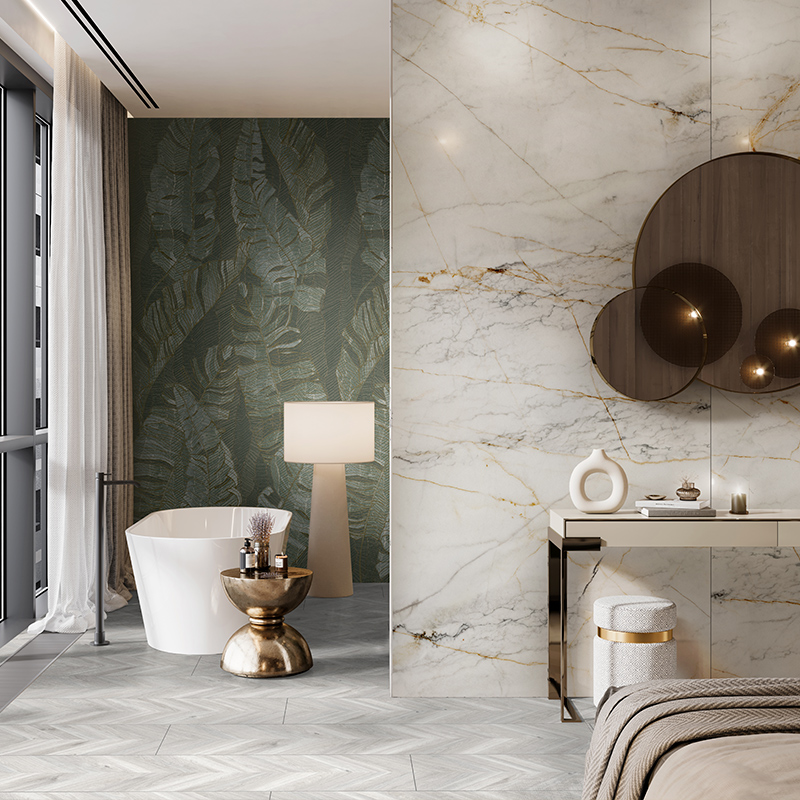 Kivikomposiittilevyn valinta. Kuvassa kylpyhuone ja tyylikäs valkoinen Marble Gold -kivikomposiittilevy, jonka marmorikuosissa
on kullan- ja harmaansävyisia juovia.