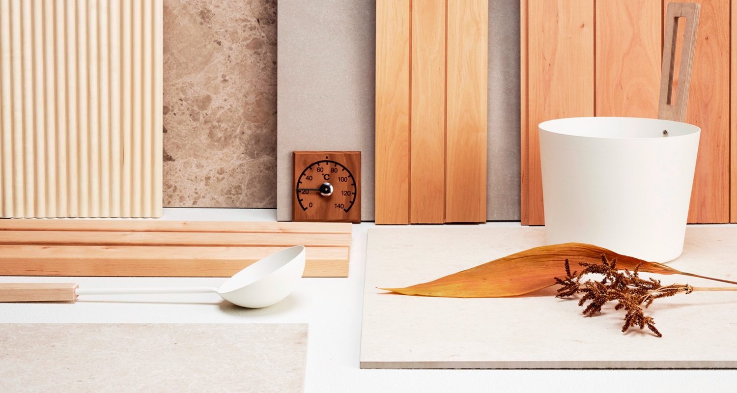 Kuvassa vaaleita pintamateriaaleja saunaan.