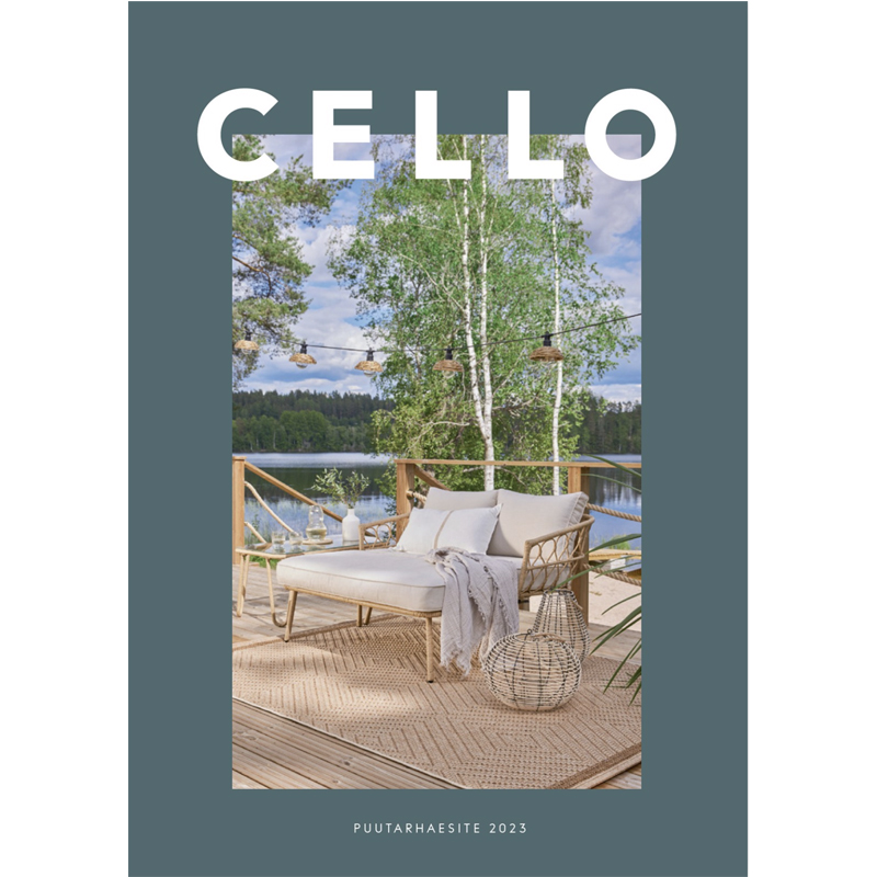 CELLO-puutarhaesite 2023: järvenrannalla beige rottinkisohva, valoketju ja koivut