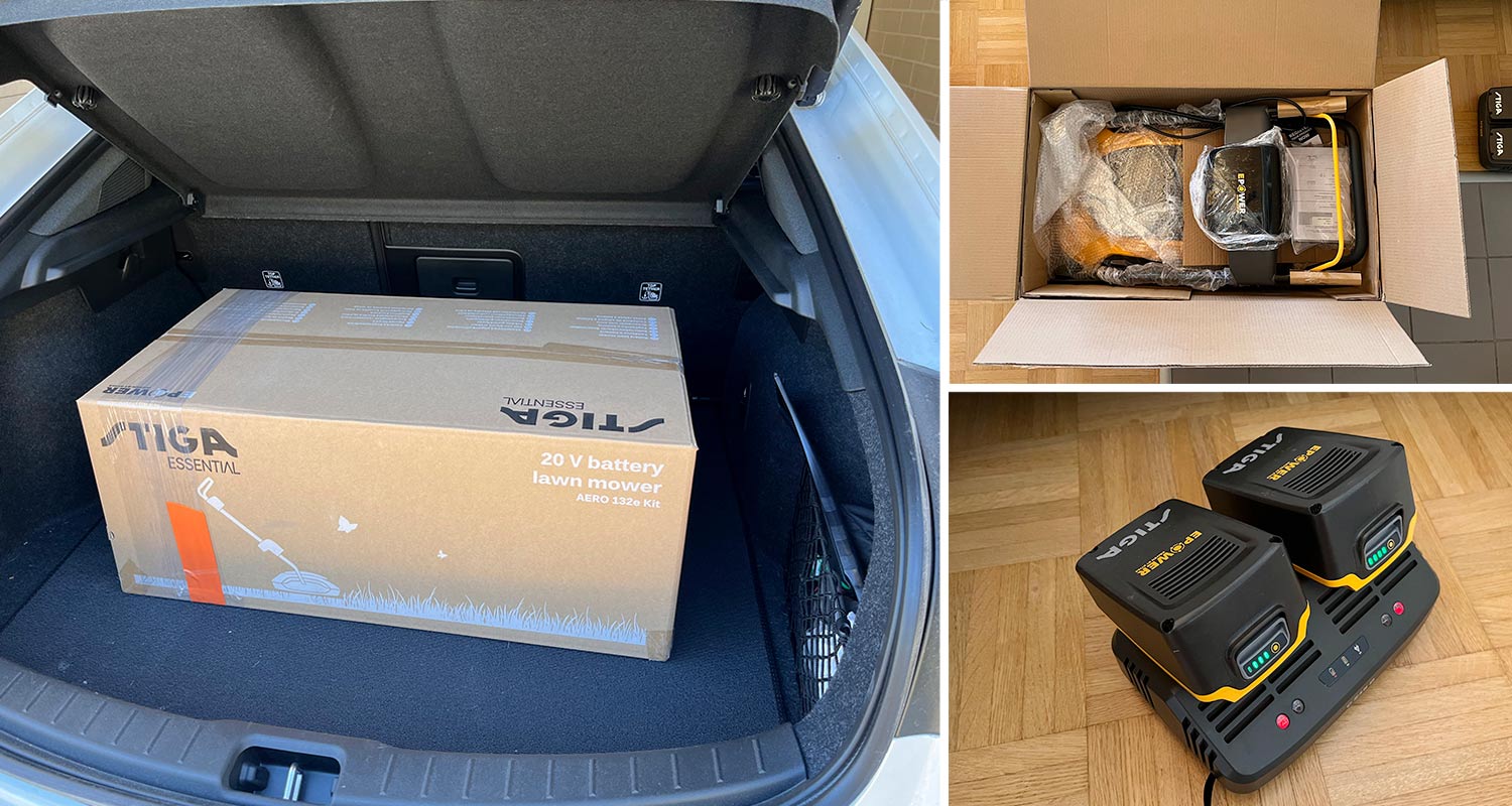 Tuotetestin tulos kuluttajalta Stiga Aero leijuvasta ruohonleikkurista. Leikkuri kulkee pakkauksessa auton perässä, kuvassa myös leikkurin akut laturissa.