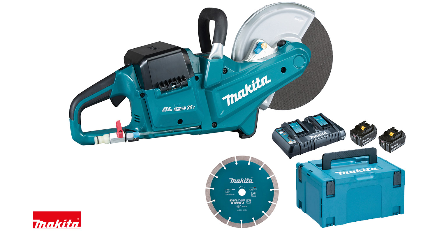 Makitan laikkaleikkuri, timanttilaikka 230 x 22,23 mm ja akkupaketti K-Raudasta