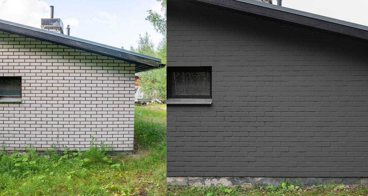 Tiilitalo ennen maalausta ja maalauksen jälkeen oikealla. Maalina käytettiin Tikkurilan Kivitex Brick House Paint -tiilitalomaalia.