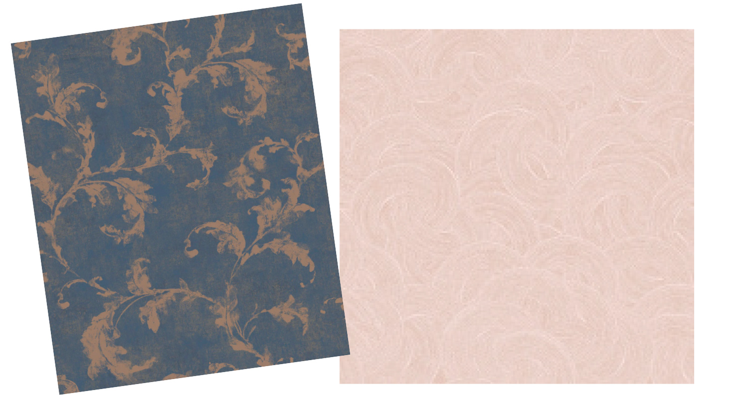 Fortuna Montségur -malliston siniharmaa kuviotapetti ja Boråstapeterin Apartment-malliston pehmeästi hohtava Spirito on roosan sävyinen kuviotapetti K-Raudasta. 