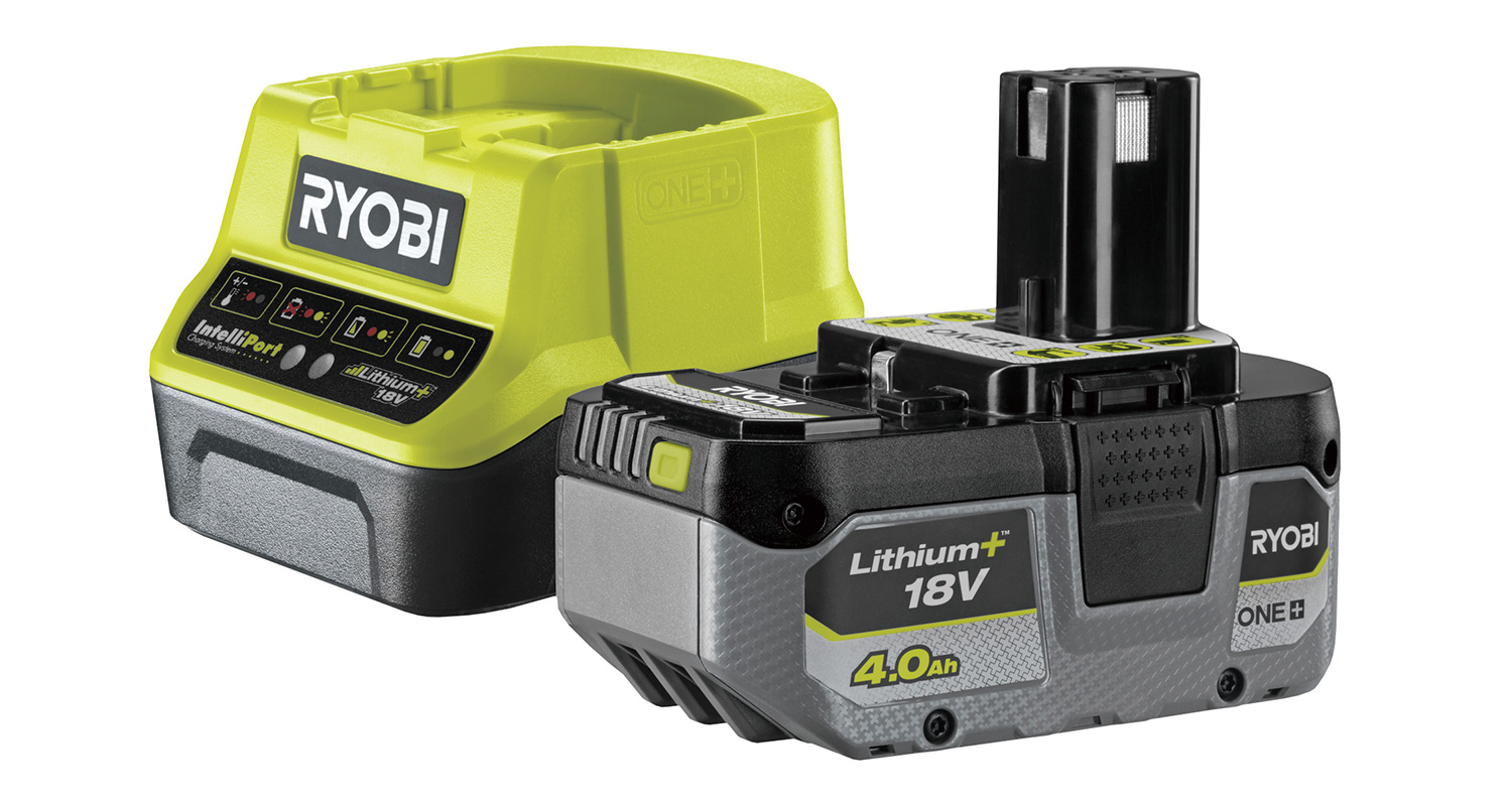 Kuvassa laturi ja akku Ryobi RC18120-140X 18V, tuotteita myy K-Rauta.